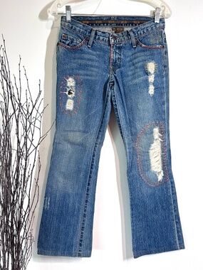 Switch USA Vintage Y2K Boho Hippie Embroidered Patchwork Bootcut Blue Jeans 26